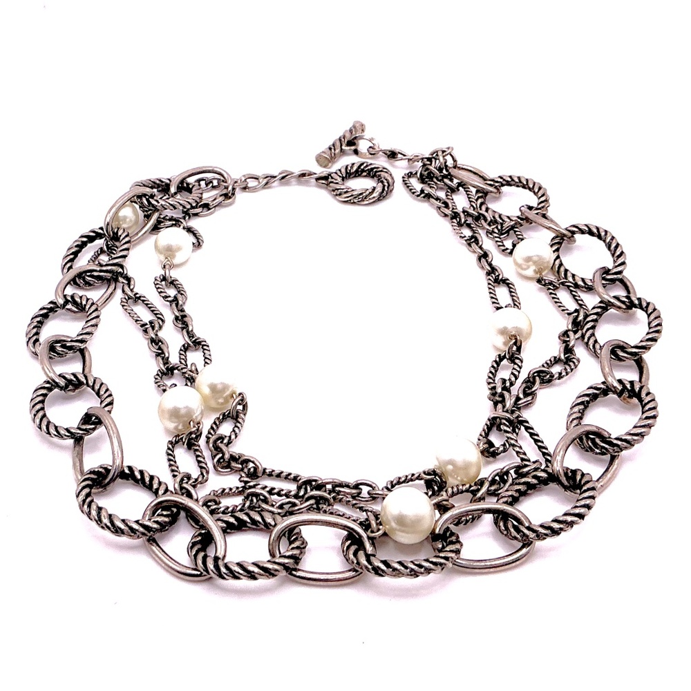 Vintage Antique Silver Tone Three Strand Faux Pearl Necklace 17”
